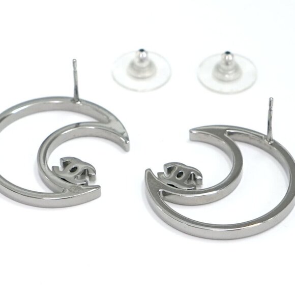 CHANEL CC Logos Rhinestone Crescent Moon Stud Earrings Silver Tone B17K Auth - Picture 3 of 6